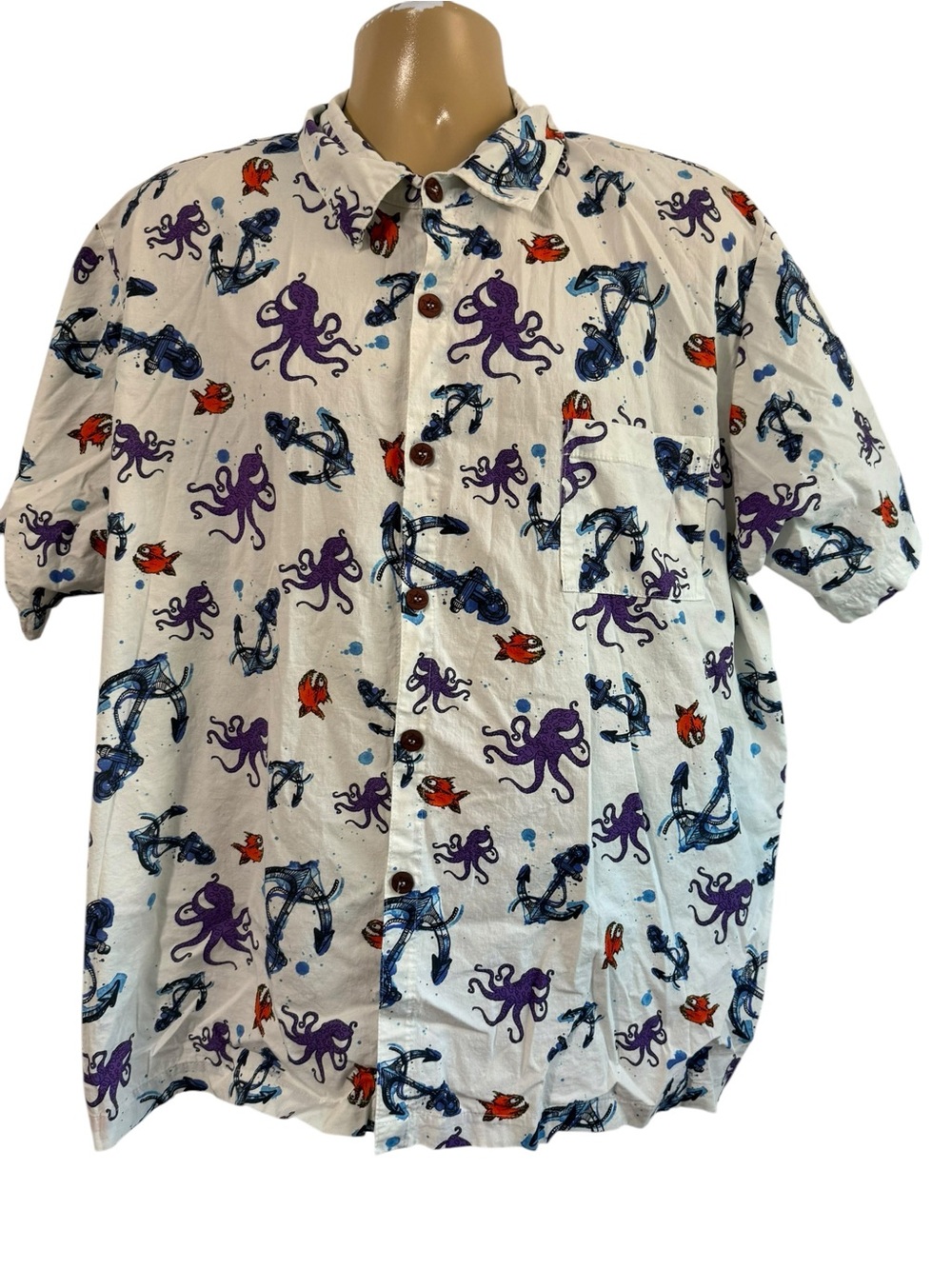 Pirana Joe Mens XXL White Octopus Anchor Nautical Print Cotton Button Down Shirt